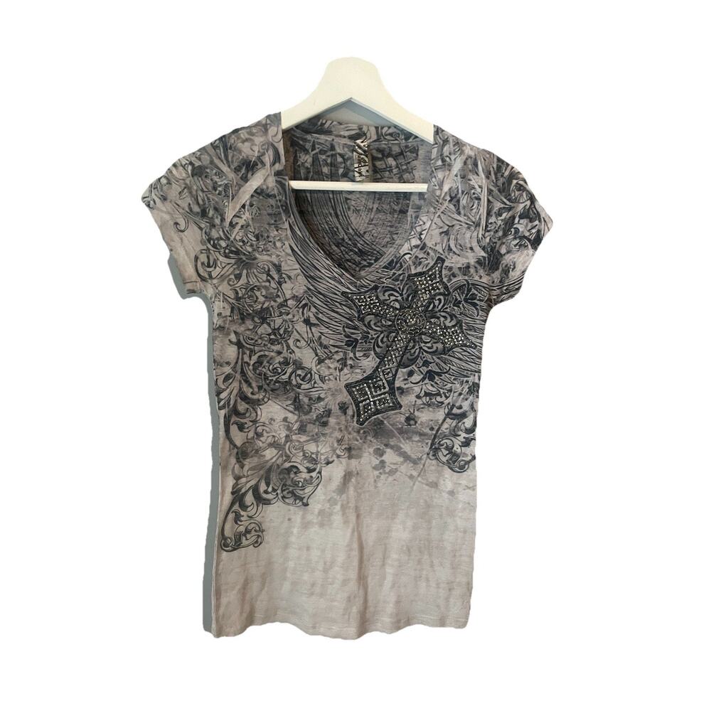 Fairoaks Womens CRYSTAL‎ WHITE FLORAL BURNOUT OLD SCHOOL SHIRT Y2K